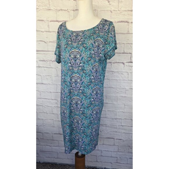 J Jill Fresh Teal Paisley Bottom Back Dress Size Large Viscose - Picture 6 of 16